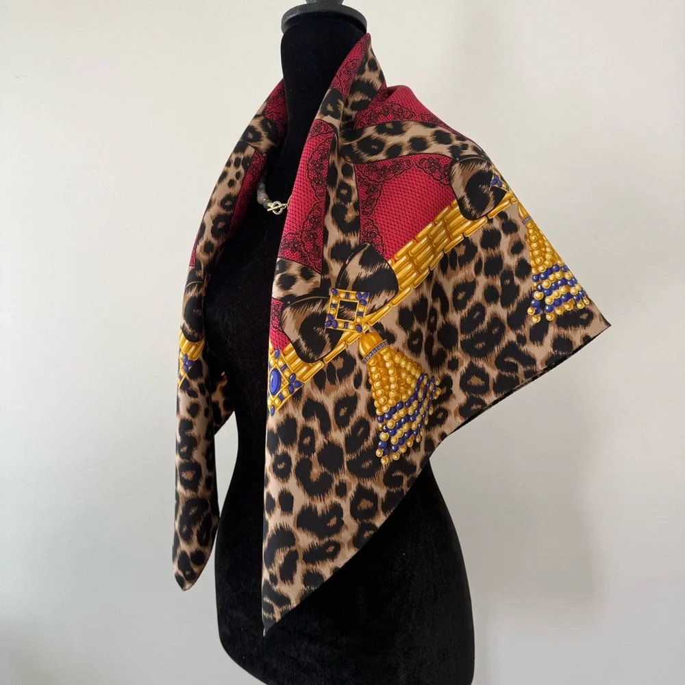 Valentino Leopard & Red Silk-Effect Decorative Silk Scarf